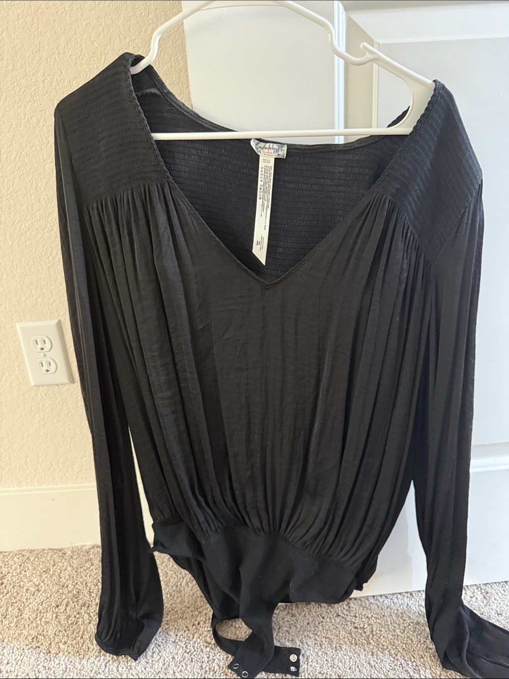 Free People Black V-Neck Long Sleeve Bodysuit